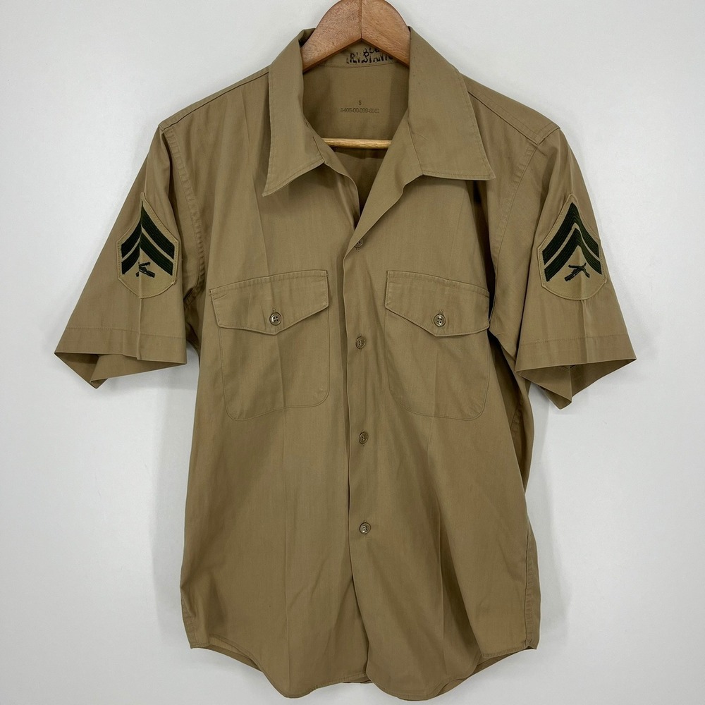 Vintage Military Khaki Short Sleeve Uniform Shirt Corporal Patches Size S